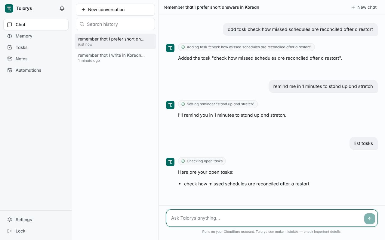 Talorys 채팅 화면. 할 일 추가, 1분 알림, 할 일 목록 조회에 각각 도구 호출 라벨이 붙어 있다.