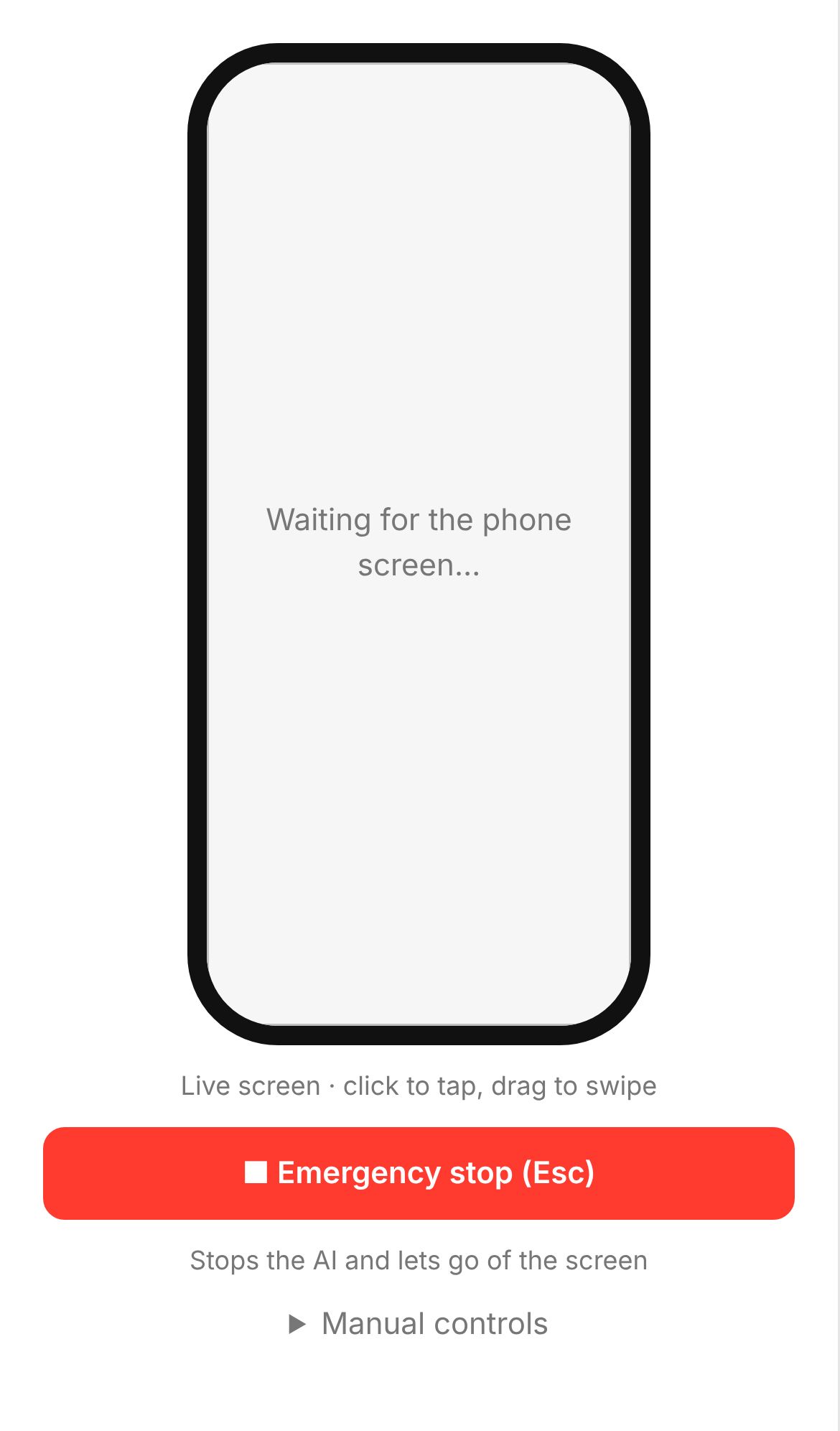 iPhone 13 크기의 같은 화면. 휴대폰 틀 안의 Waiting for the phone screen 문구, 빨간 Emergency stop 버튼, 접힌 Manual controls 메뉴.