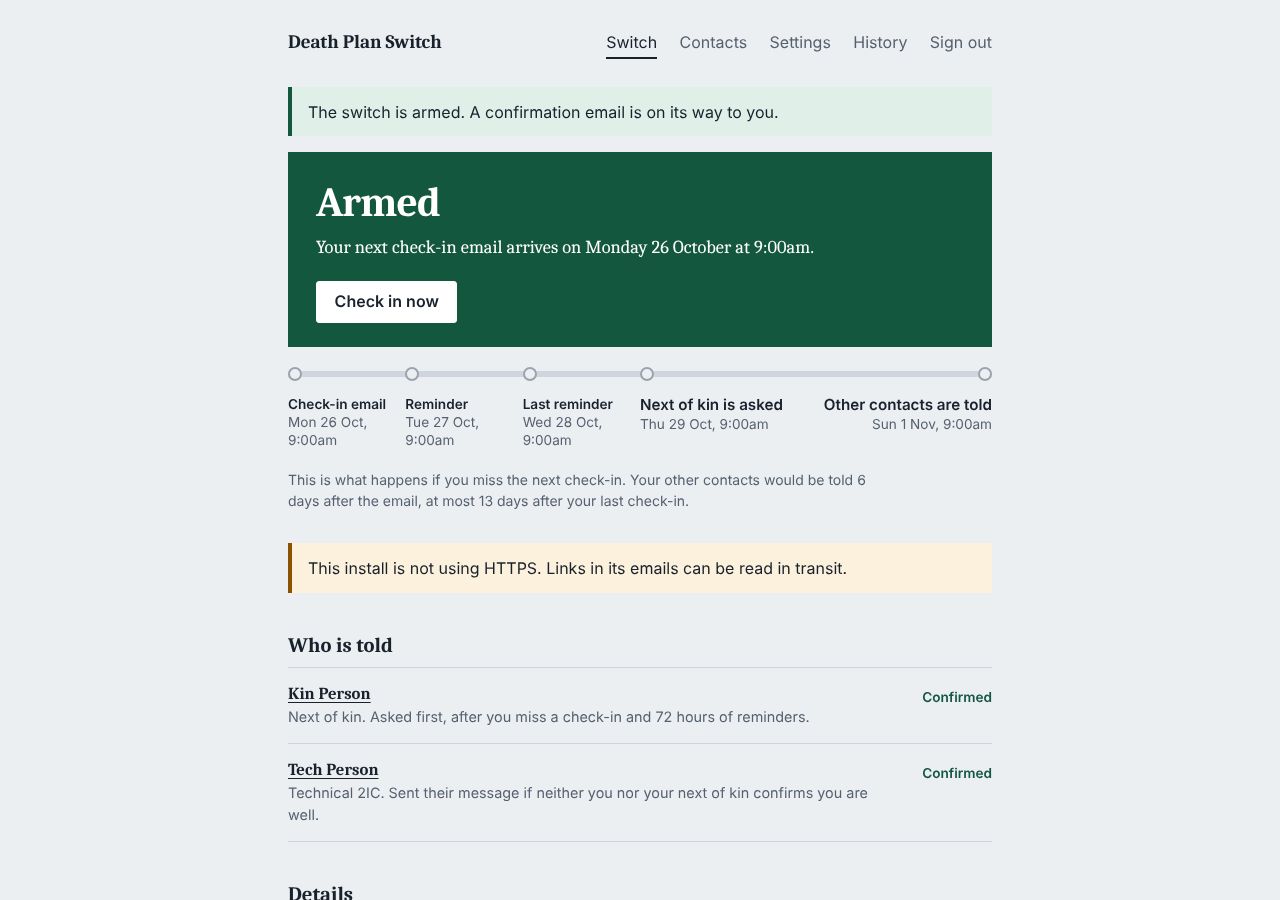 Death Plan Switch 대시보드. Armed 표시 아래 Check-in email, Reminder, Last reminder, Next of kin is asked, Other contacts are told 다섯 단계와 날짜가 보인다