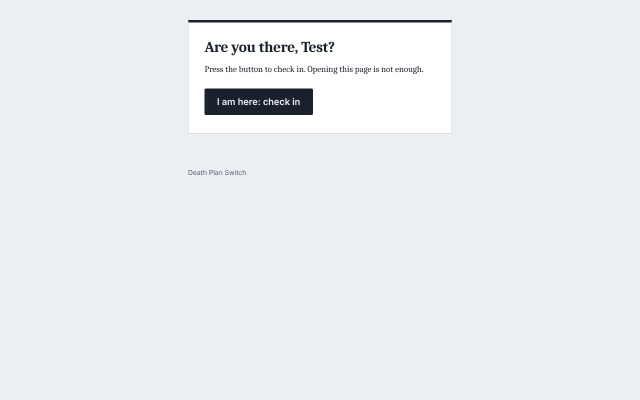 체크인 페이지. "Press the button to check in. Opening this page is not enough." 와 I am here: check in 버튼