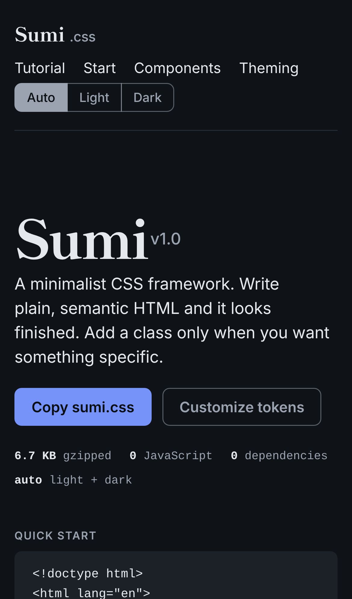 Sumi 문서 페이지의 다크 모드. 어두운 배경에 Sumi v1.0 제목과 Copy sumi.css 버튼, 6.7 KB gzipped 표시